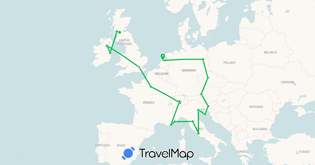 TravelMap itinerary: bus, plane in Austria, Switzerland, Czech Republic, Germany, France, United Kingdom, Croatia, Ireland, Italy, Monaco, Netherlands, Slovenia, Vatican City (Europe)